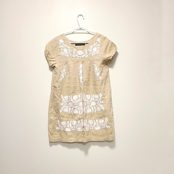Zara Dresses & Skirts - ZARA Embroidered Shift Linen Dress in Tan Medium